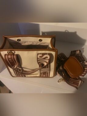 Steve Madden Canvas and Tan Leather-Trim Tote with Branded Strap